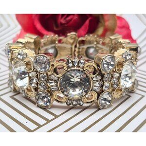 Ann Taylor Gold Tone Chunky Statement Crystal Stretch Bracelet Formal Wide